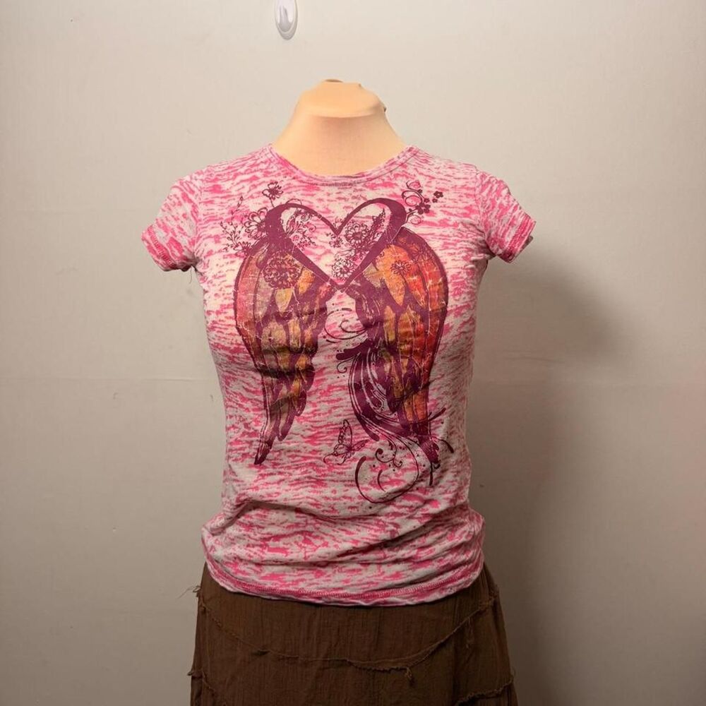 Y2K Pink Angel Wings Burnout Graphic Tee Estimated Size S